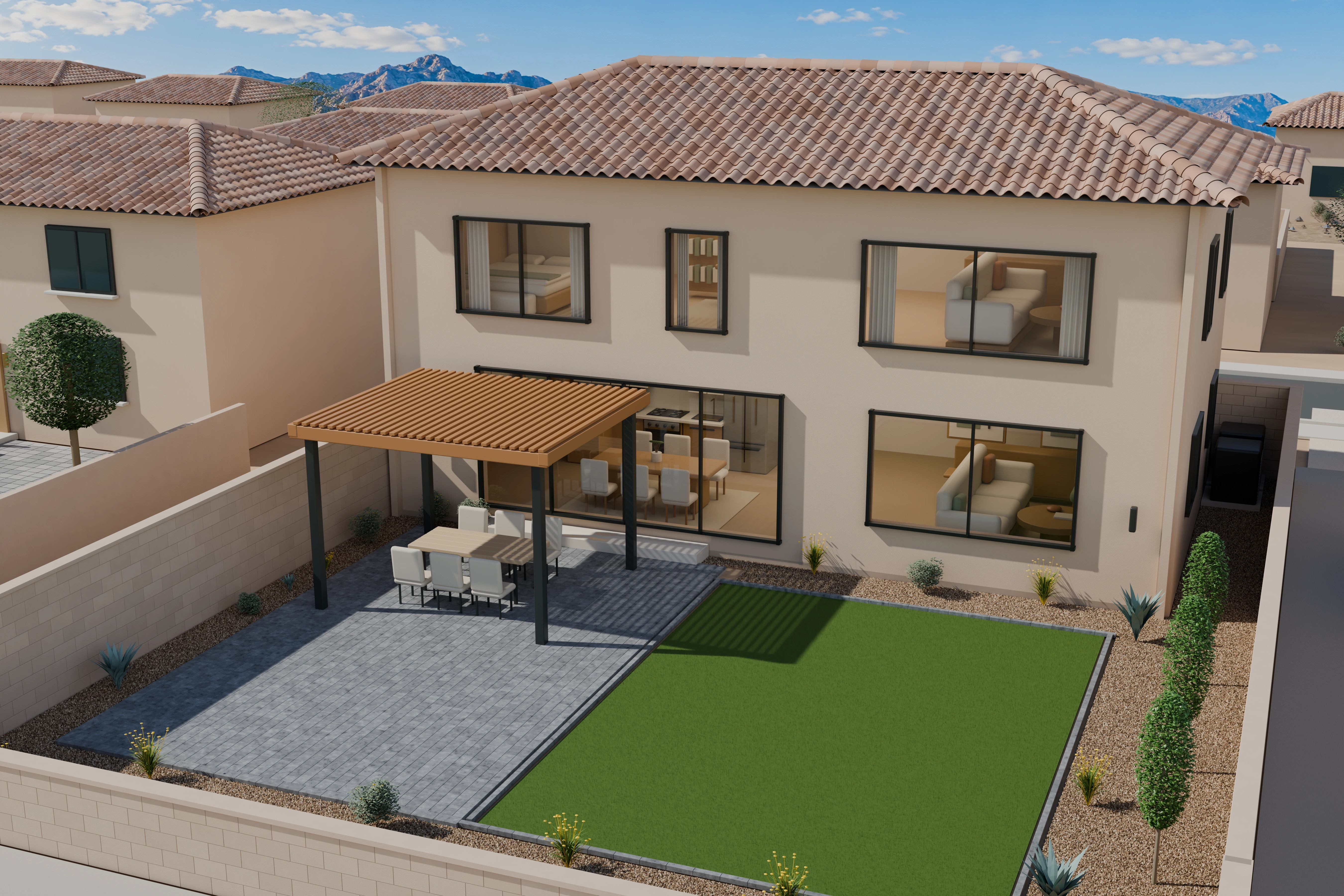 Finished Arizona backyard with slate patio, pergola, turf and desert planting