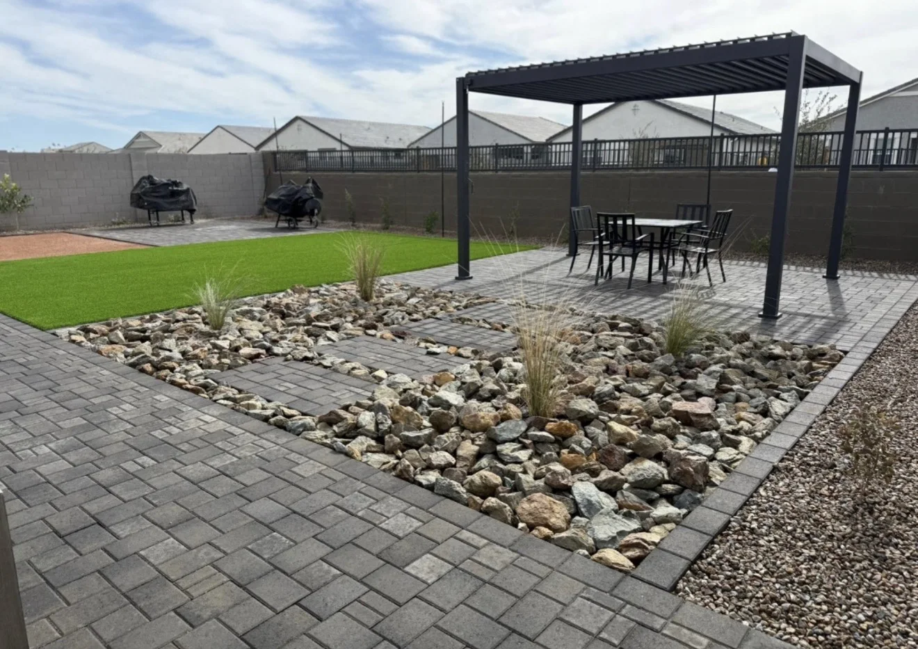 Arizona backyard with landscape rock, turf and a paver patio